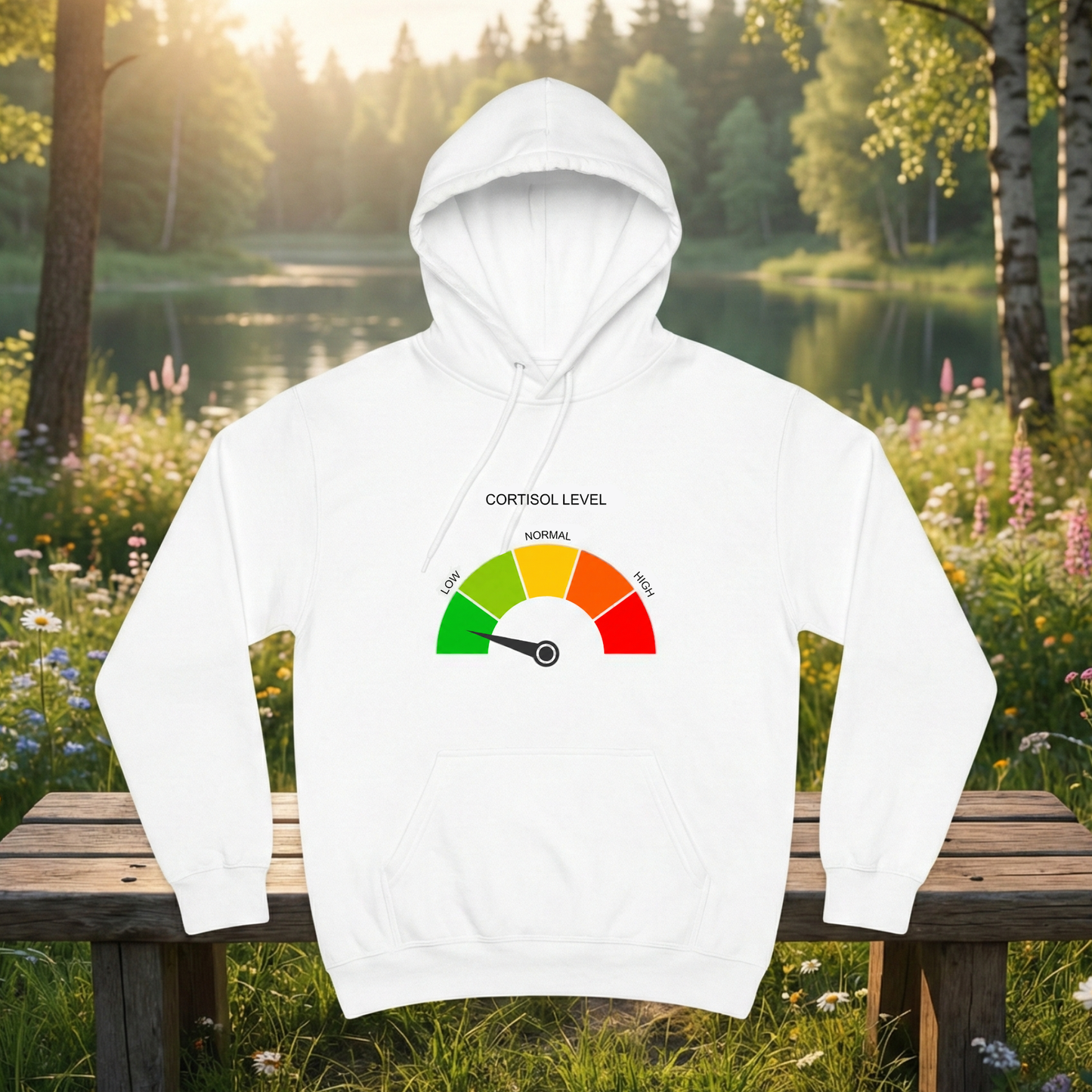 Low Cortisol Hoodie - cortisol gauge graphic, white colorway
