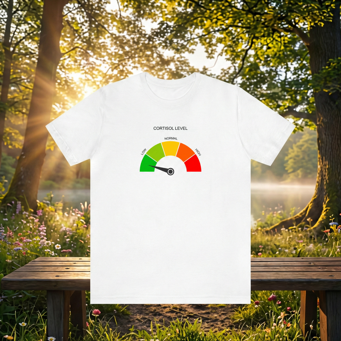Low Cortisol Tee - cortisol gauge graphic on white tee